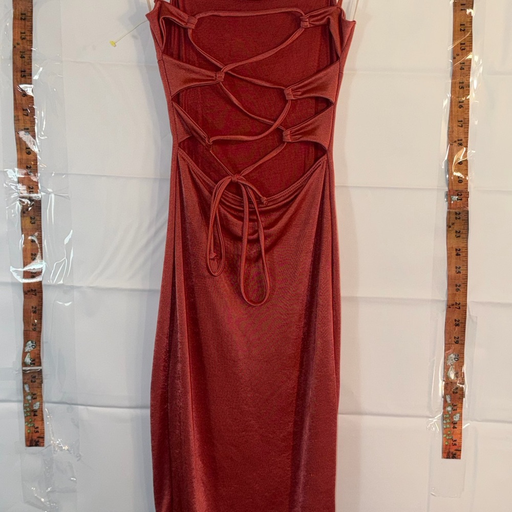 Windsor Satin Rust Bodycon Midi Dress S | Lace-Up Back Strappy Slip Dress - Picture 3 of 5